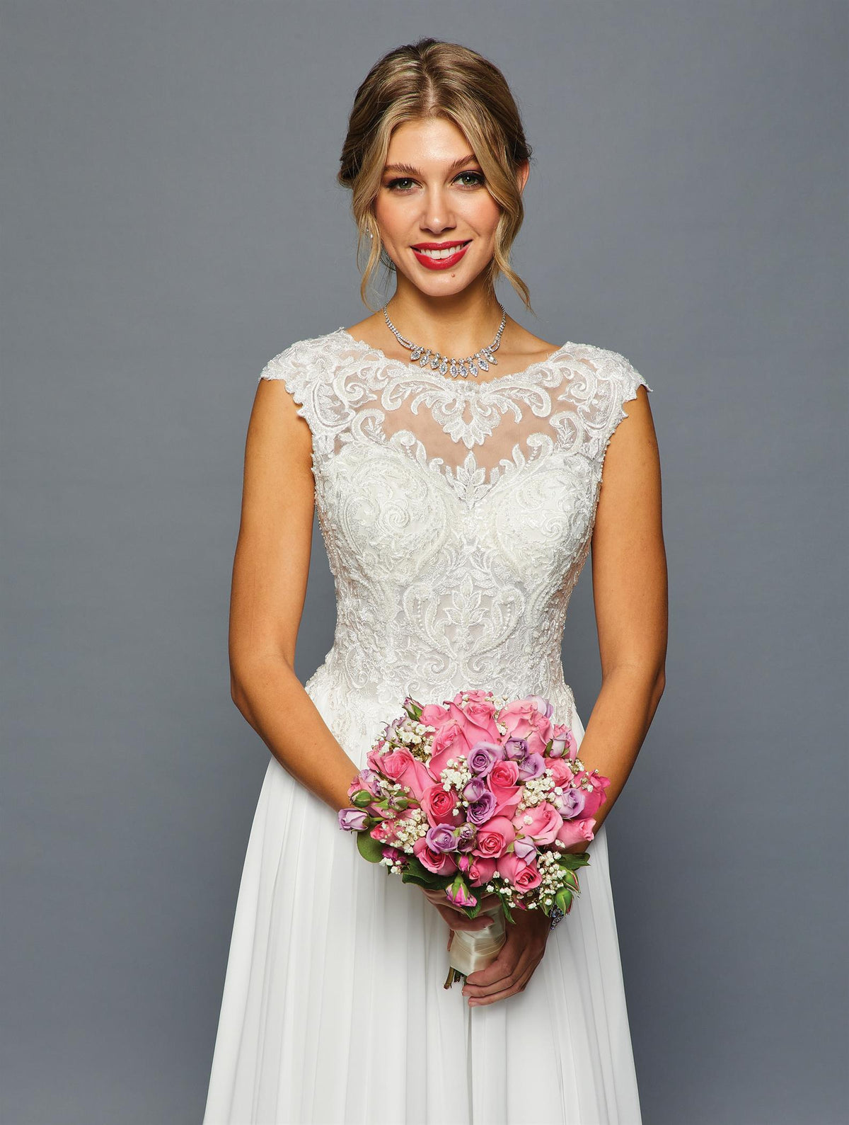 Lace Wedding Dress with Scoop Neckline Cap Sleeves & Chiffon A-Line Skirt by Deklaire Bridal 455
