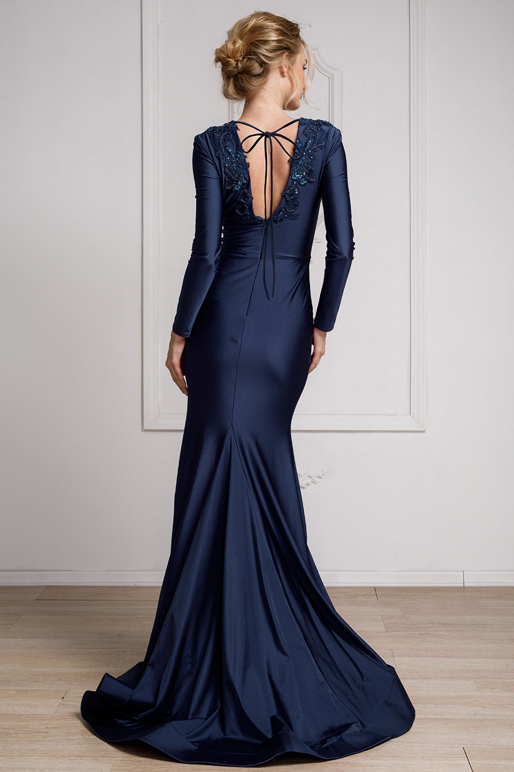 Elegant Long Sleeve Fitted Evening Gown with Deep V-Neck & Embroidered Appliqué By Amelia Couture 382