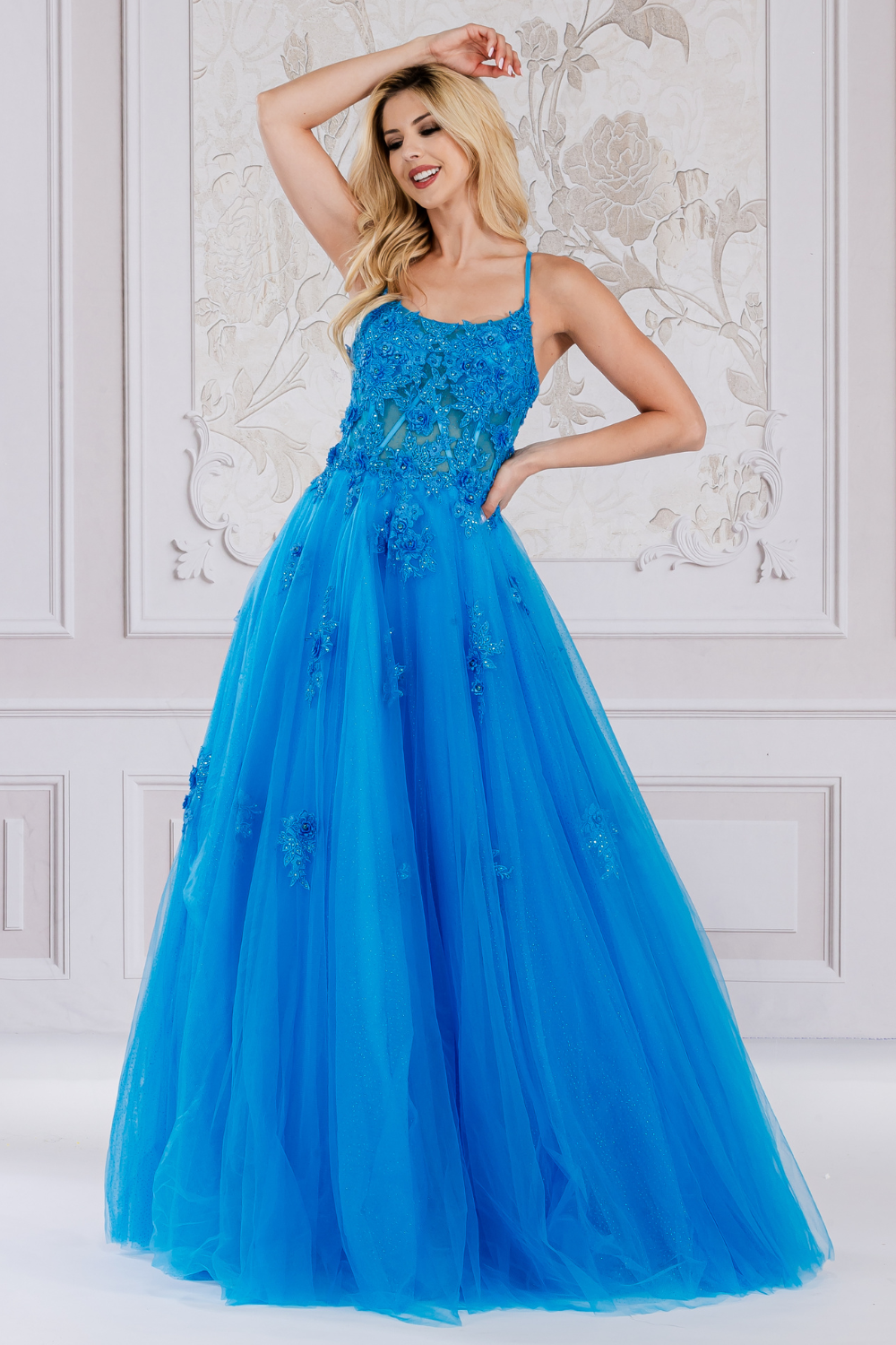 Floral Appliqué Tulle Ball Gown with Lace‑Up Back Spaghetti Strap Evening Dress By Amelia Couture 7035