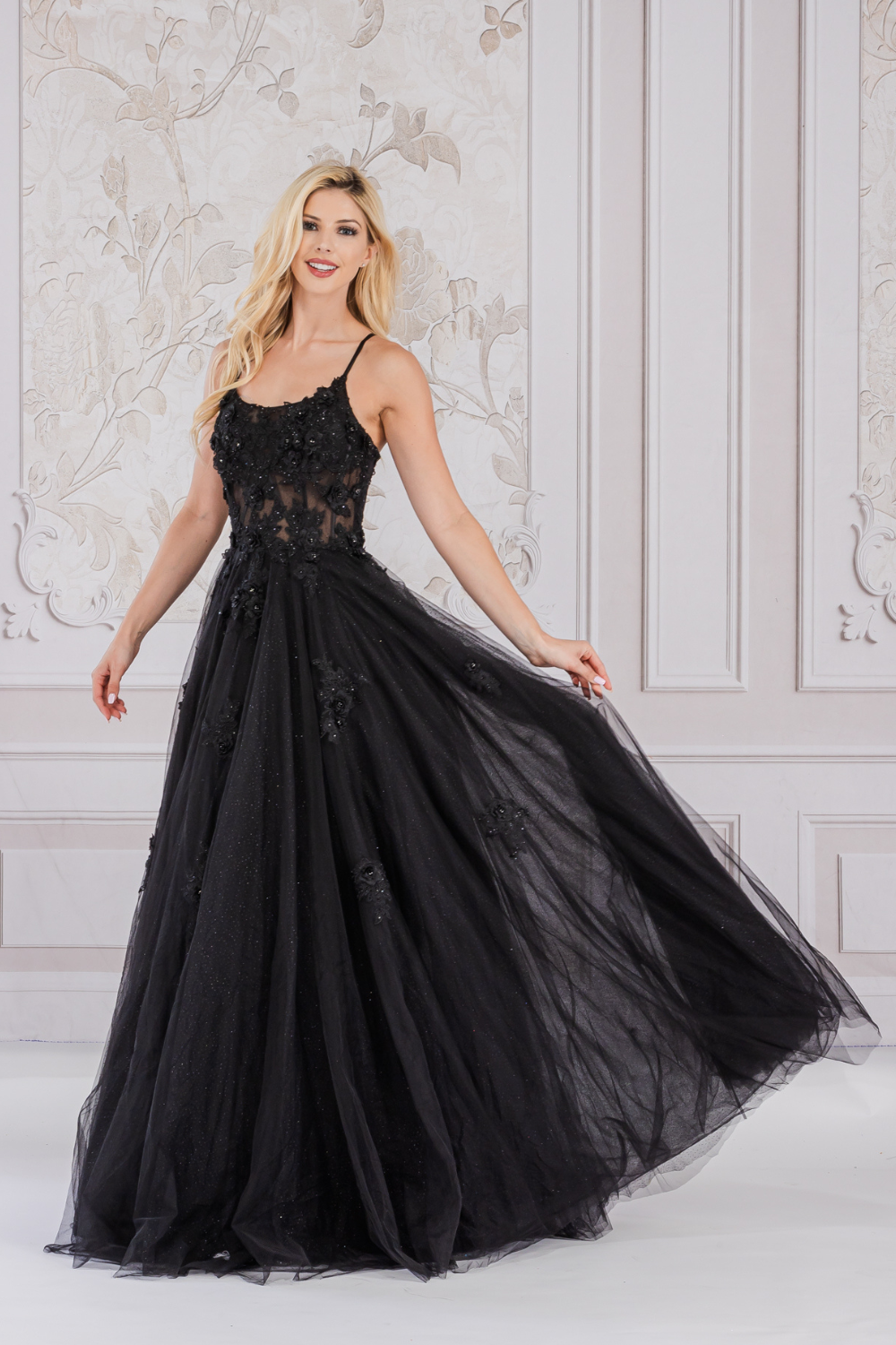 Floral Appliqué Tulle Ball Gown with Lace‑Up Back Spaghetti Strap Evening Dress By Amelia Couture 7035