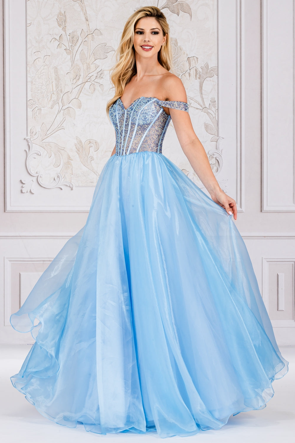 Off‑Shoulder Sparkling Corset Bodice A‑Line Gown By Amelia Couture 7040