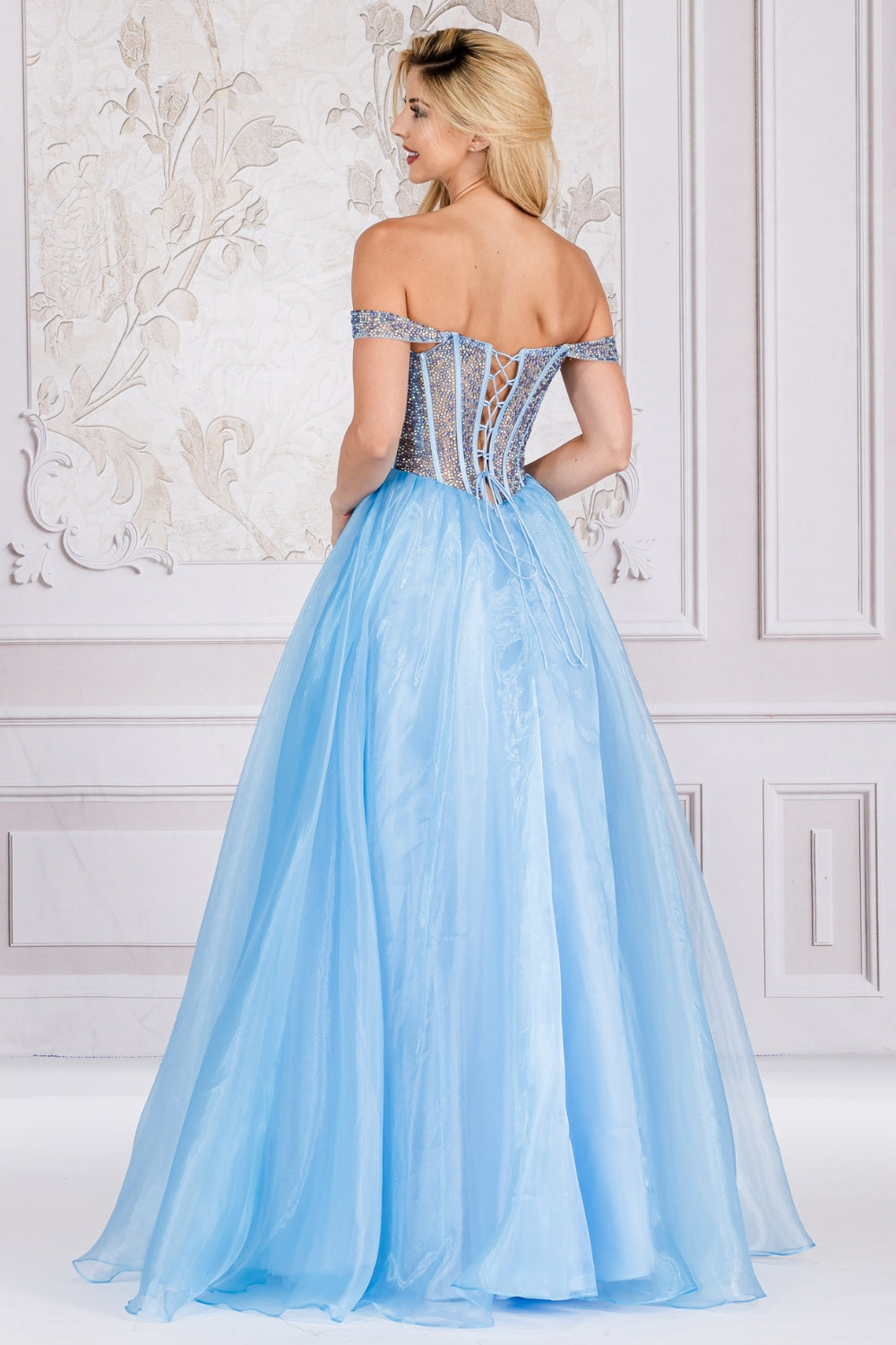 Off‑Shoulder Sparkling Corset Bodice A‑Line Gown By Amelia Couture 7040