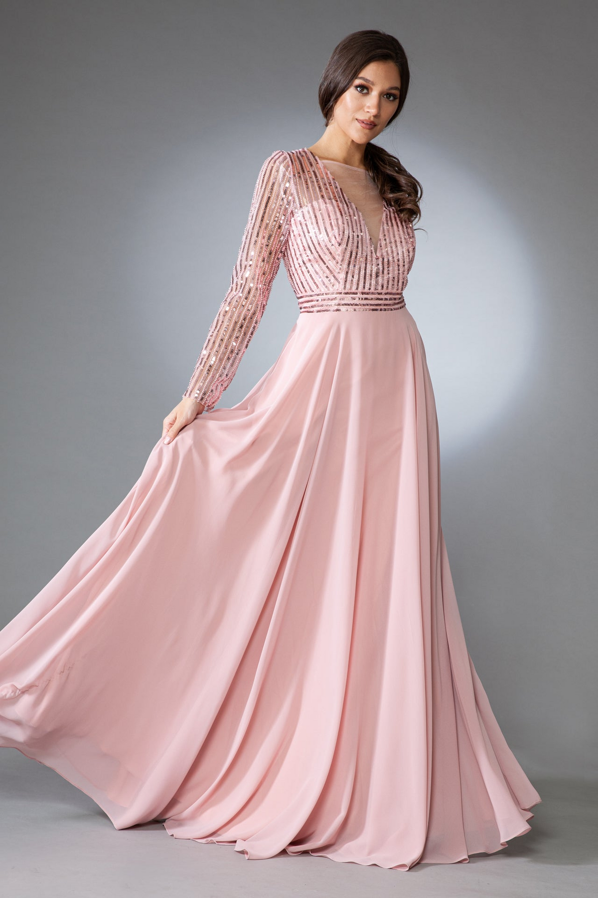 Long Sleeve Sequin Bodice A‑Line Chiffon Evening Dress By Amelia Couture 7036