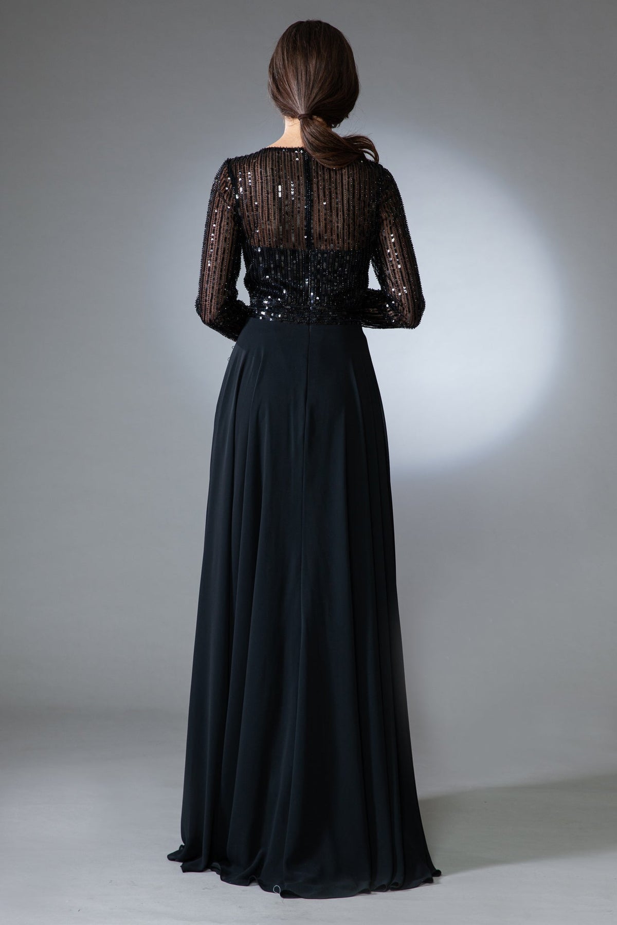Long Sleeve Sequin Bodice A‑Line Chiffon Evening Dress By Amelia Couture 7036