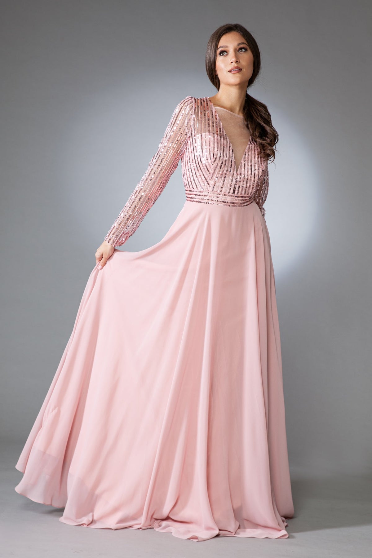 Long Sleeve Sequin Bodice A‑Line Chiffon Evening Dress By Amelia Couture 7036