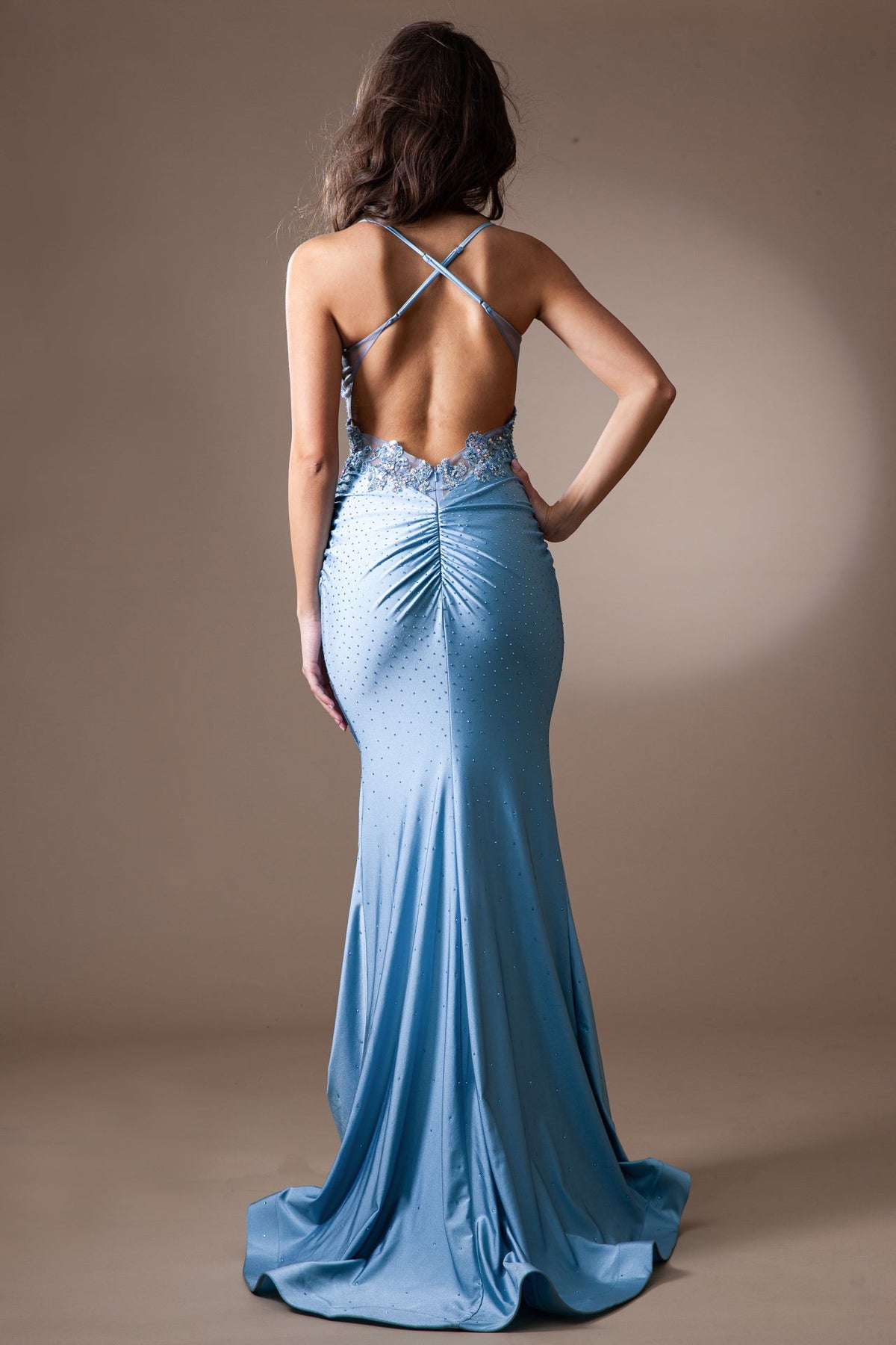 Spaghetti Strap Beaded Bodice Ruched Mermaid Evening Gown By Amelia Couture TM1018