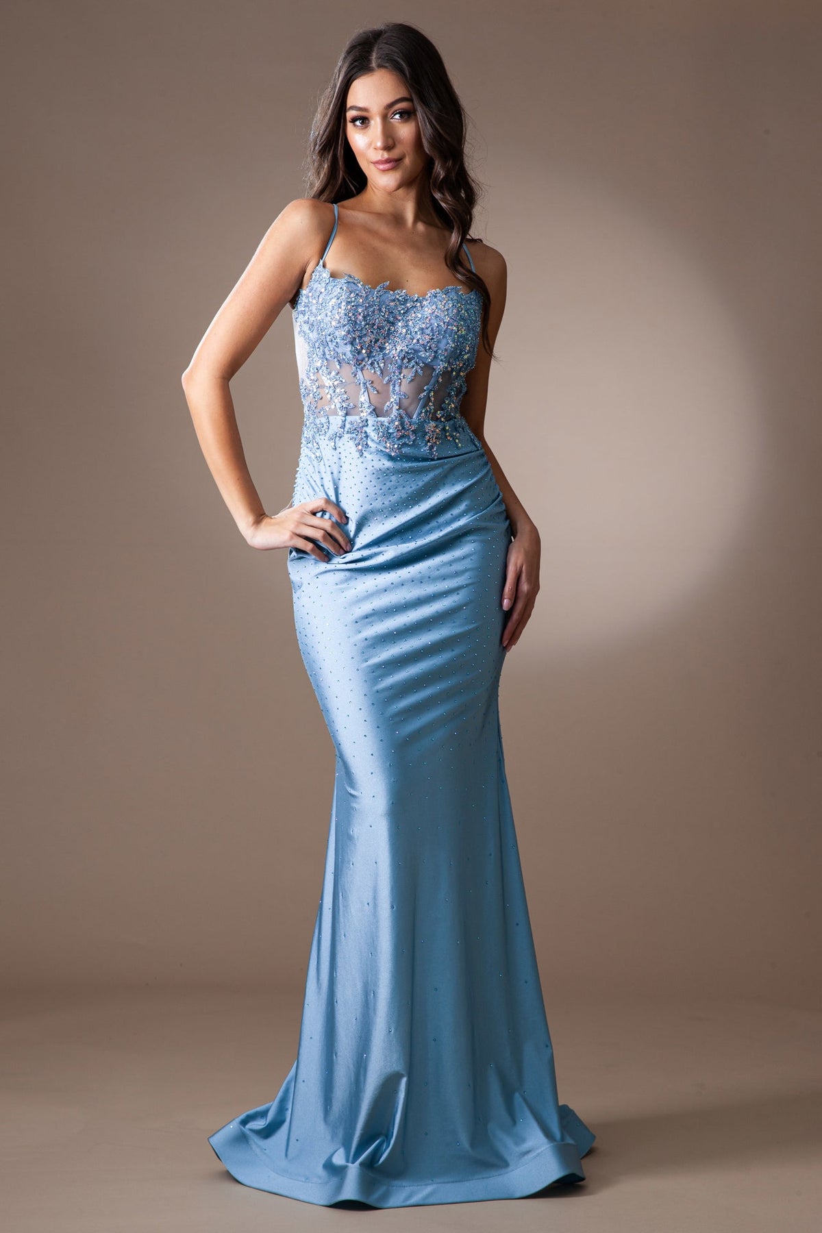 Spaghetti Strap Beaded Bodice Ruched Mermaid Evening Gown By Amelia Couture TM1018