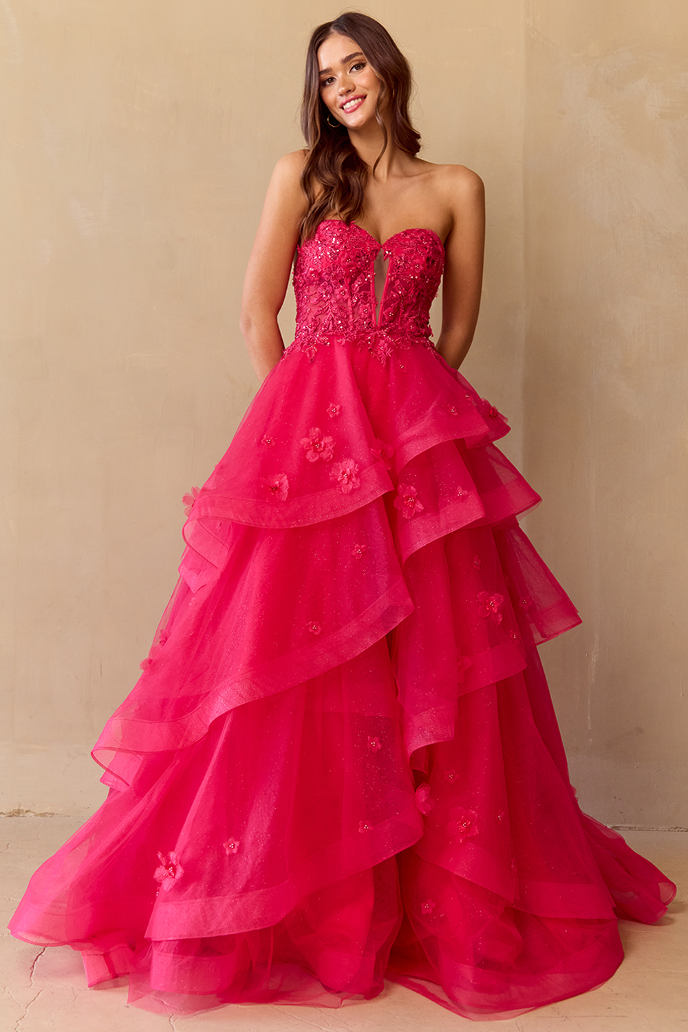 Strapless Embellished Bodice Tiered Tulle A-Line Gown By Amelia Couture 4900