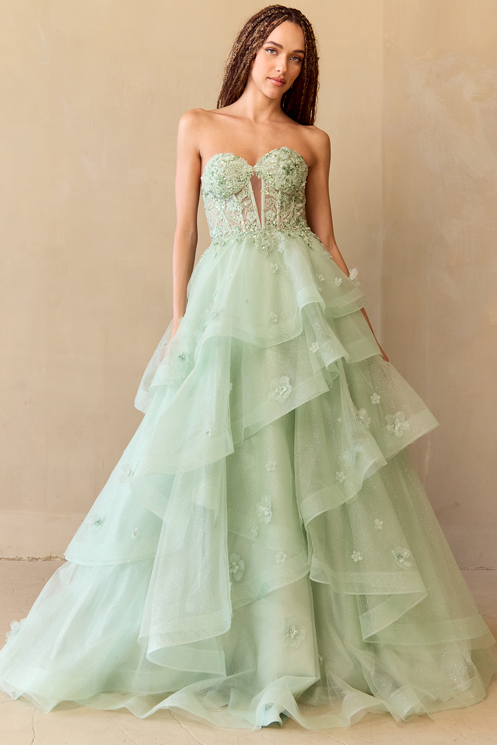 Strapless Embellished Bodice Tiered Tulle A-Line Gown By Amelia Couture 4900