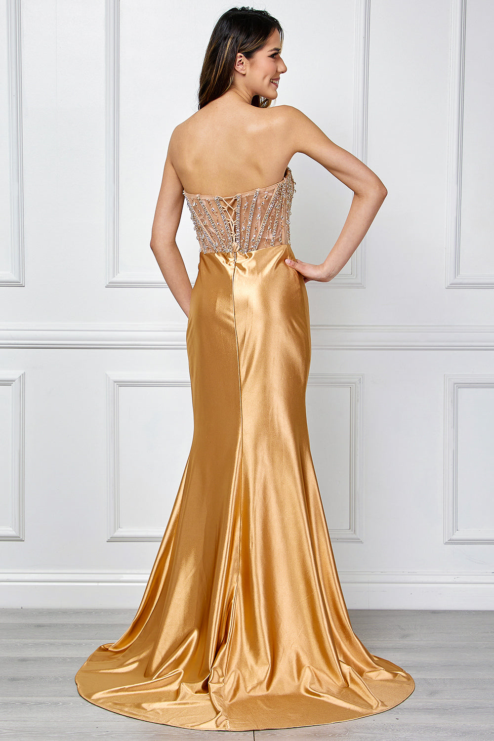 Strapless Satin Beaded Corset Prom Dress with High Slit By Amelia Couture 4049