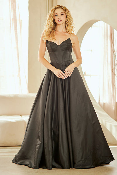 Strapless Satin Corset Bodice A-Line Prom Dress with Pockets & Lace-Up Back by Amelia Couture 5080