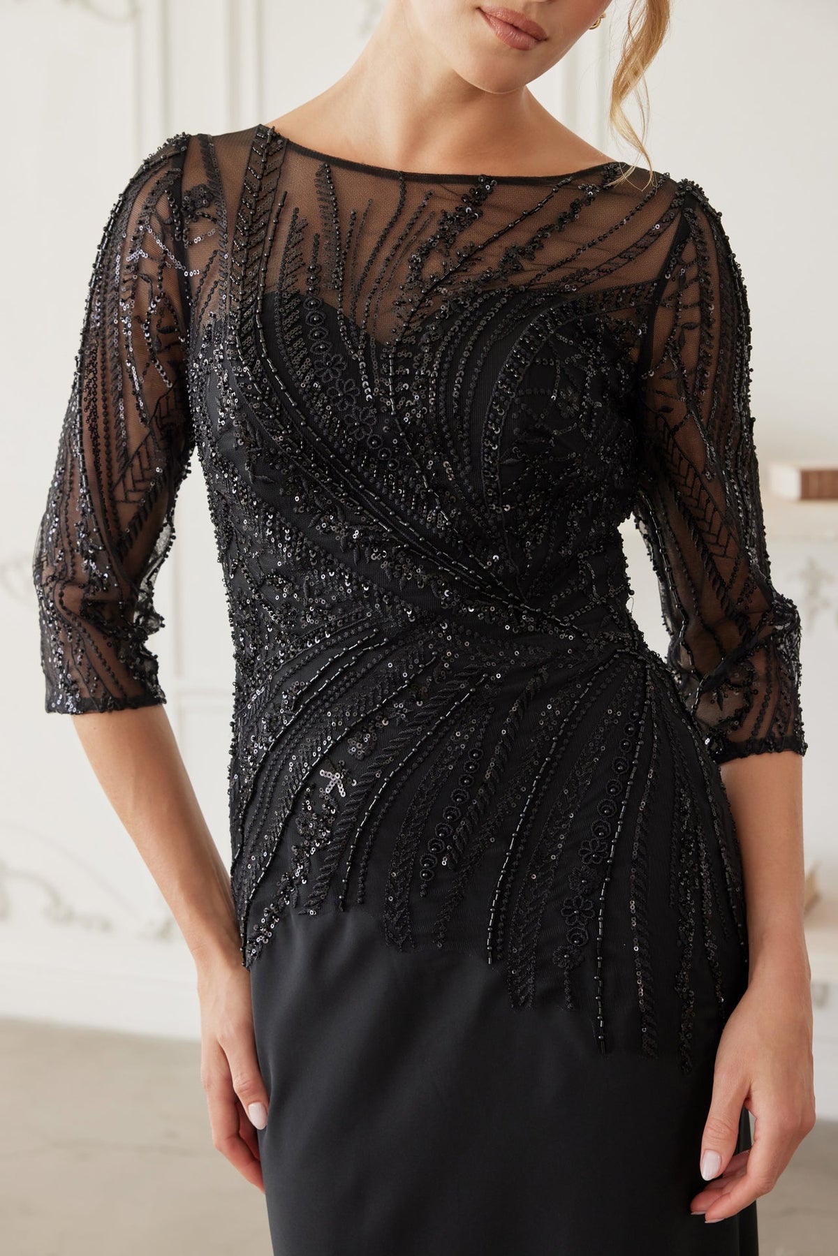 Nox Anabel MH137 Long Sleeve Mother of the Bride Dress with Elegant Beaded 3/4 Sleeves