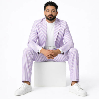 Inserch Mens Premium Cotton Seersucker Stripe Suit β Purple