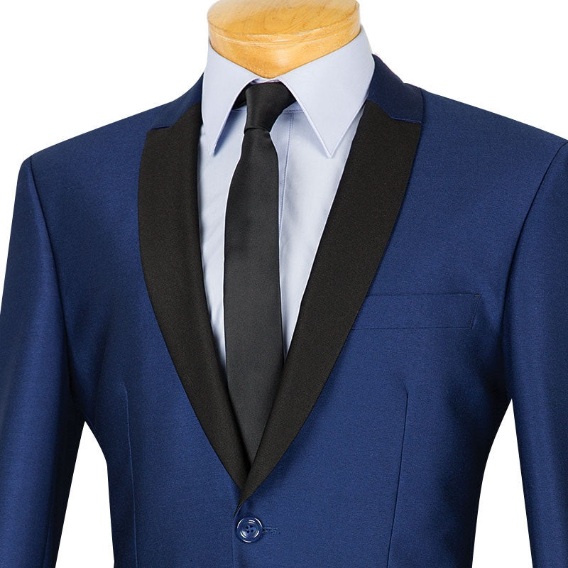 Navy Slim Fit Sharkskin Suit by Vinci