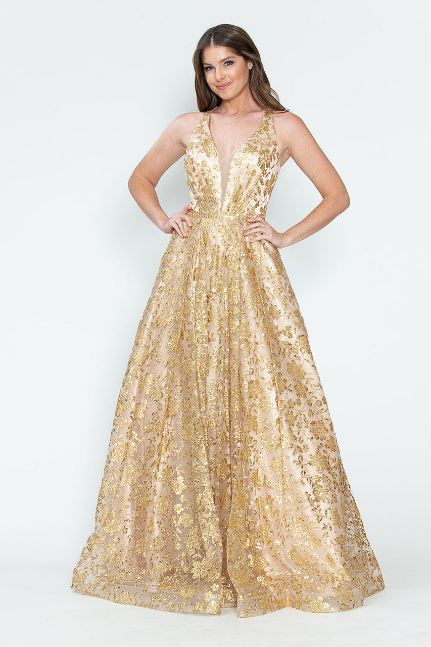 Sequin Floral Lace-Up Back A-Line Gown Sparkly Sleeveless Prom & Formal Dress By Lenovia 8240