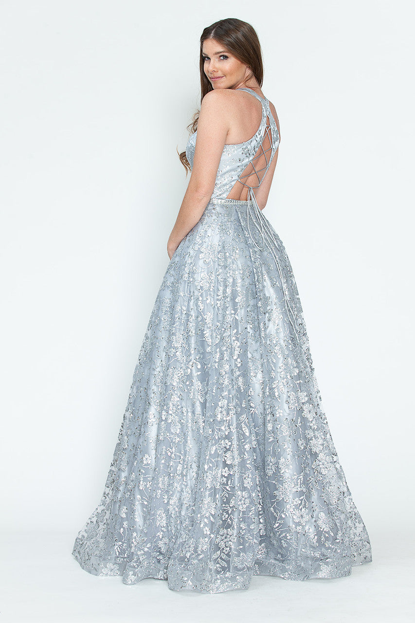 Sequin Floral Lace-Up Back A-Line Gown Sparkly Sleeveless Prom & Formal Dress By Lenovia 8240