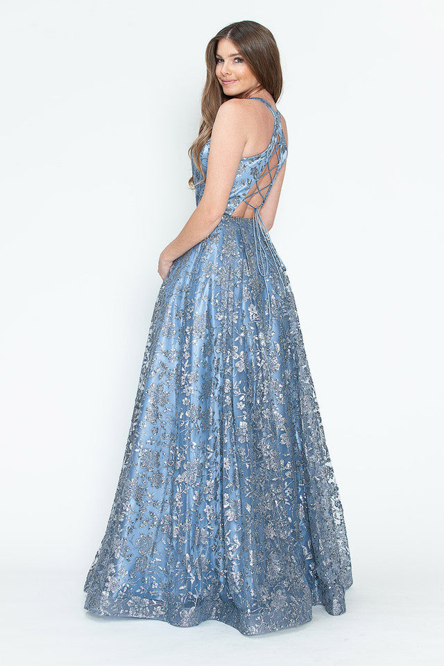Sequin Floral Lace-Up Back A-Line Gown Sparkly Sleeveless Prom & Formal Dress By Lenovia 8240