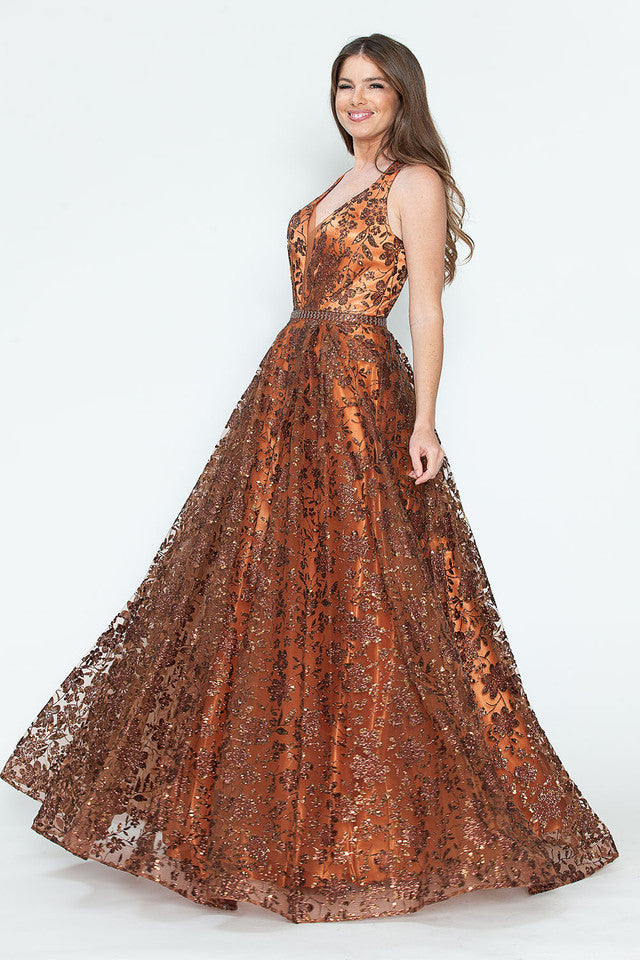 Sequin Floral Lace-Up Back A-Line Gown Sparkly Sleeveless Prom & Formal Dress By Lenovia 8240