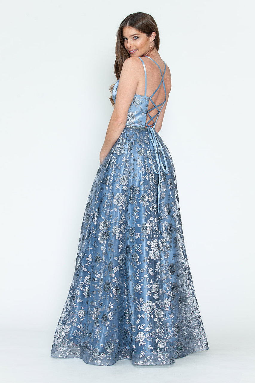 Glitter Embellished A-Line Gown with Corset Back & Stone Belt Formal Prom Dress by Lenovia 8235