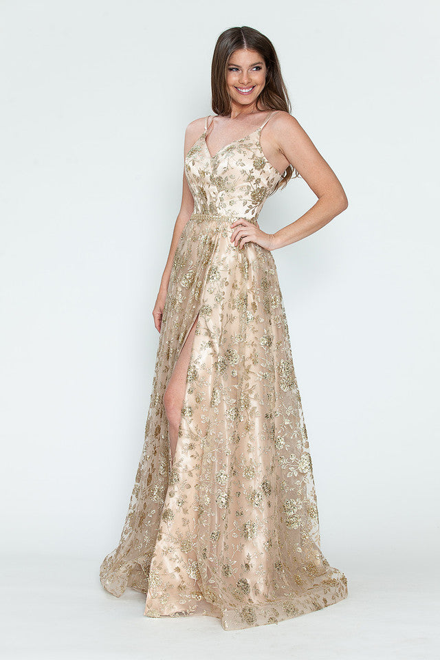 Glitter Embellished A-Line Gown with Corset Back & Stone Belt Formal Prom Dress by Lenovia 8235