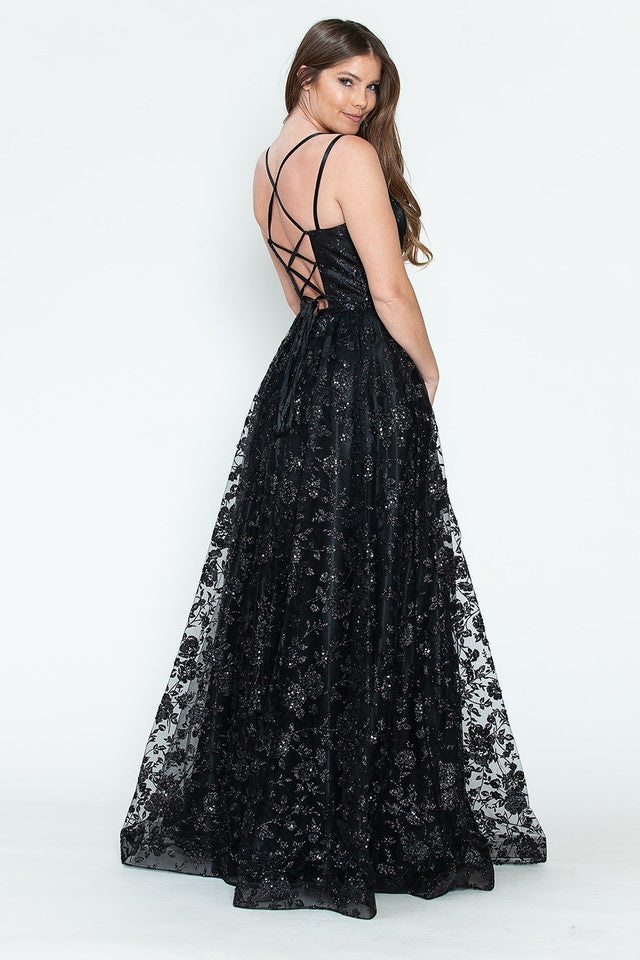 Glitter Embellished A-Line Gown with Corset Back & Stone Belt Formal Prom Dress by Lenovia 8235