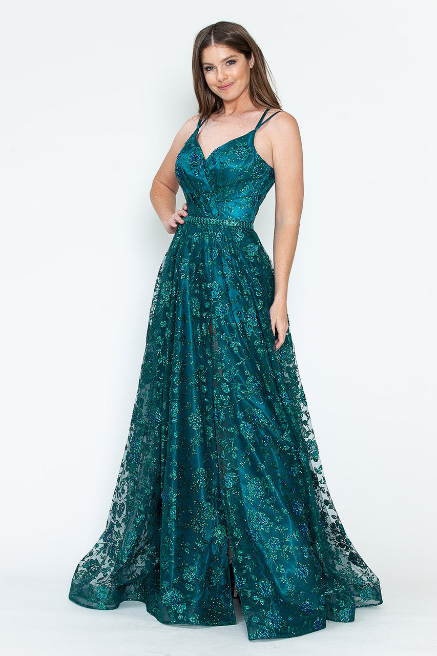 Glitter Embellished A-Line Gown with Corset Back & Stone Belt Formal Prom Dress by Lenovia 8235