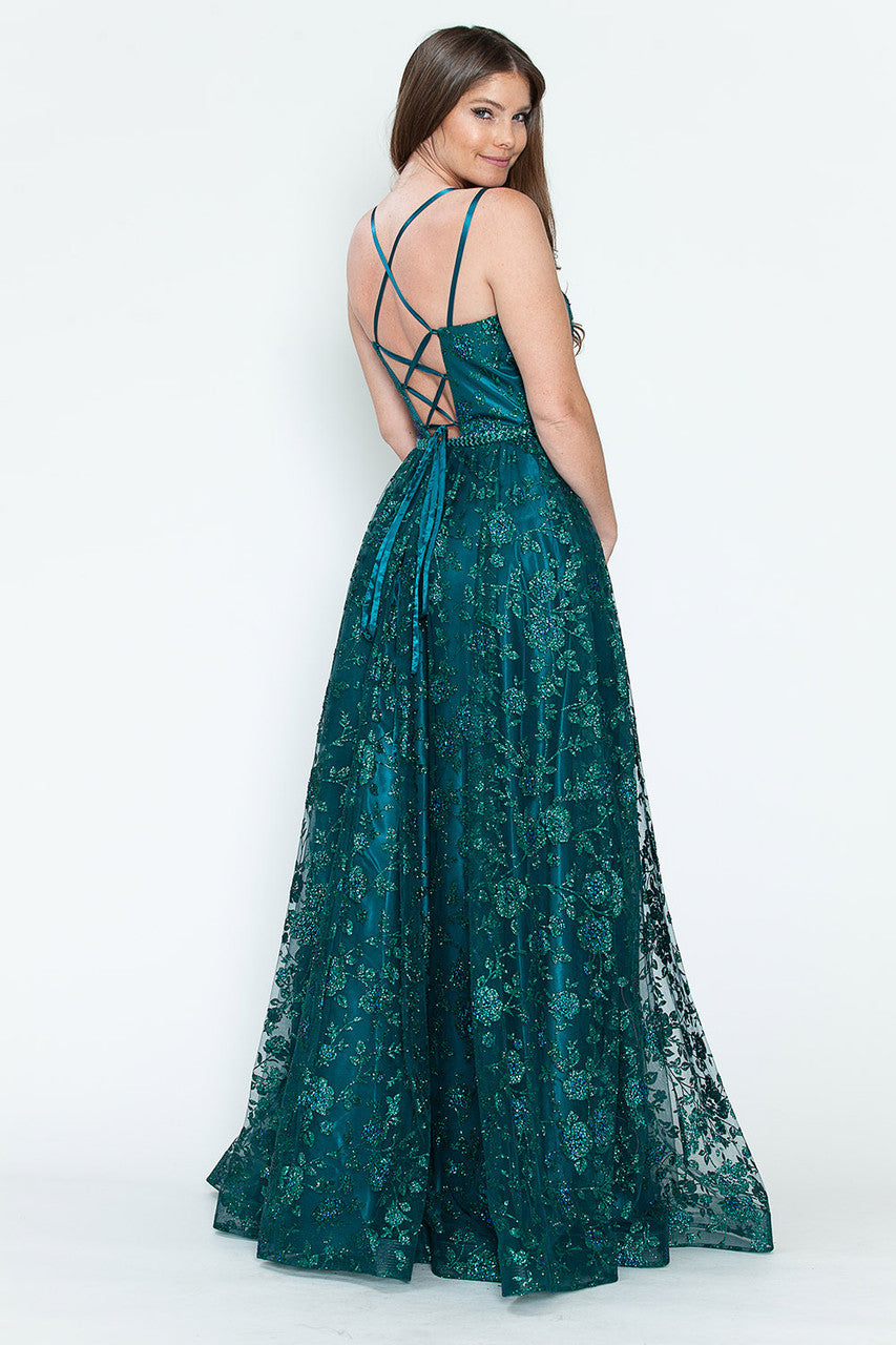 Glitter Embellished A-Line Gown with Corset Back & Stone Belt Formal Prom Dress by Lenovia 8235