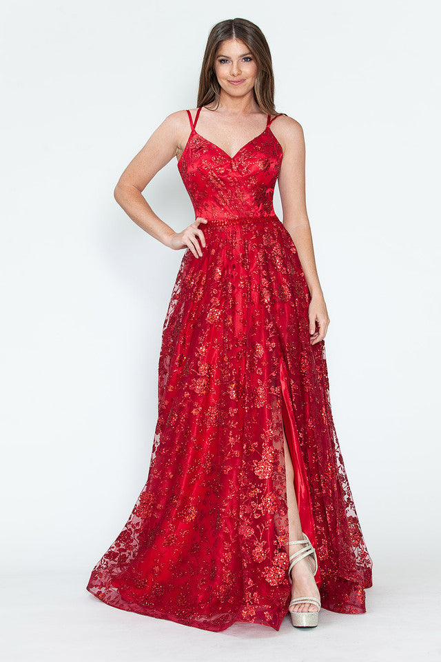 Glitter Embellished A-Line Gown with Corset Back & Stone Belt Formal Prom Dress by Lenovia 8235