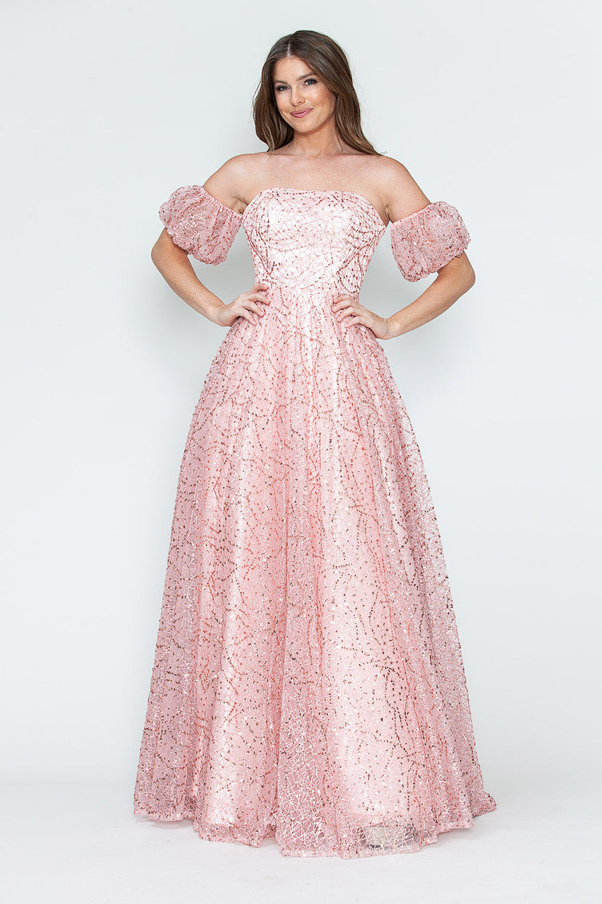 Glitter Tulle A-Line with Puff Sleeves Formal Evening Dress By Lenovia 8242