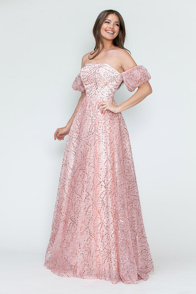 Glitter Tulle A-Line with Puff Sleeves Formal Evening Dress By Lenovia 8242
