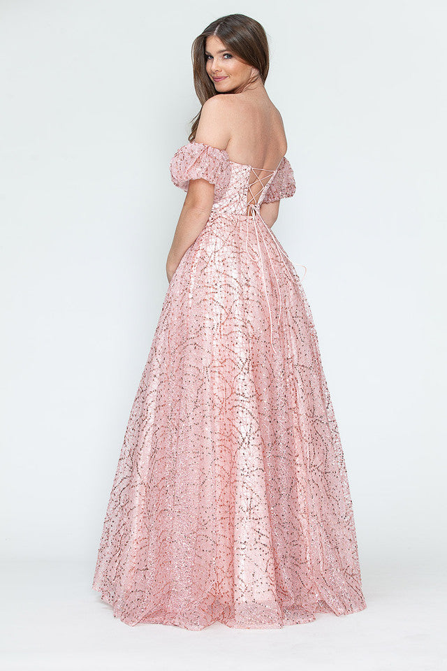 Glitter Tulle A-Line with Puff Sleeves Formal Evening Dress By Lenovia 8242