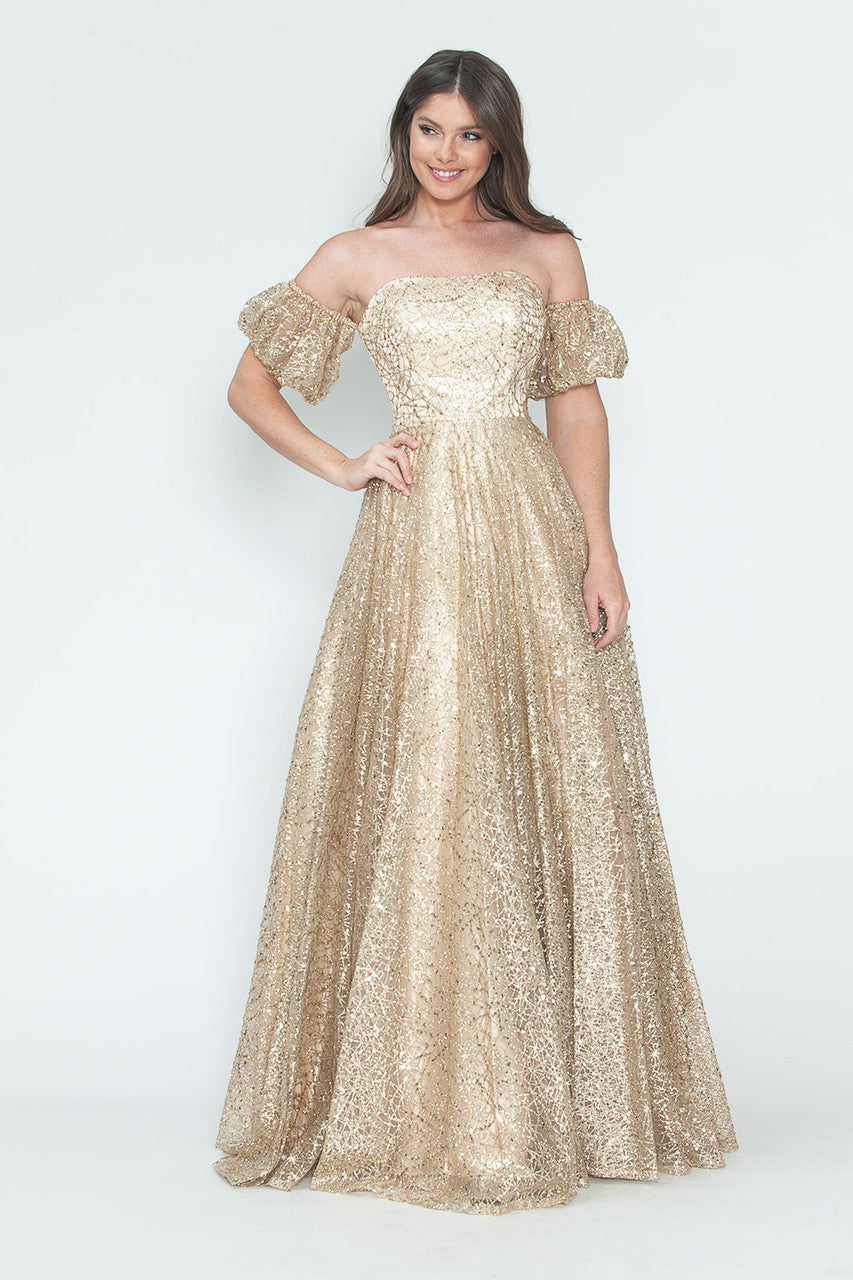 Glitter Tulle A-Line with Puff Sleeves Formal Evening Dress By Lenovia 8242