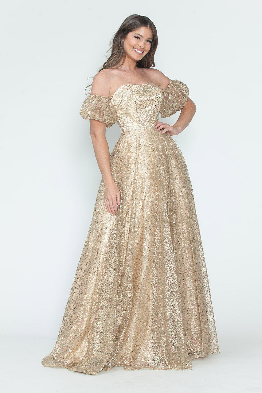 Glitter Tulle A-Line with Puff Sleeves Formal Evening Dress By Lenovia 8242