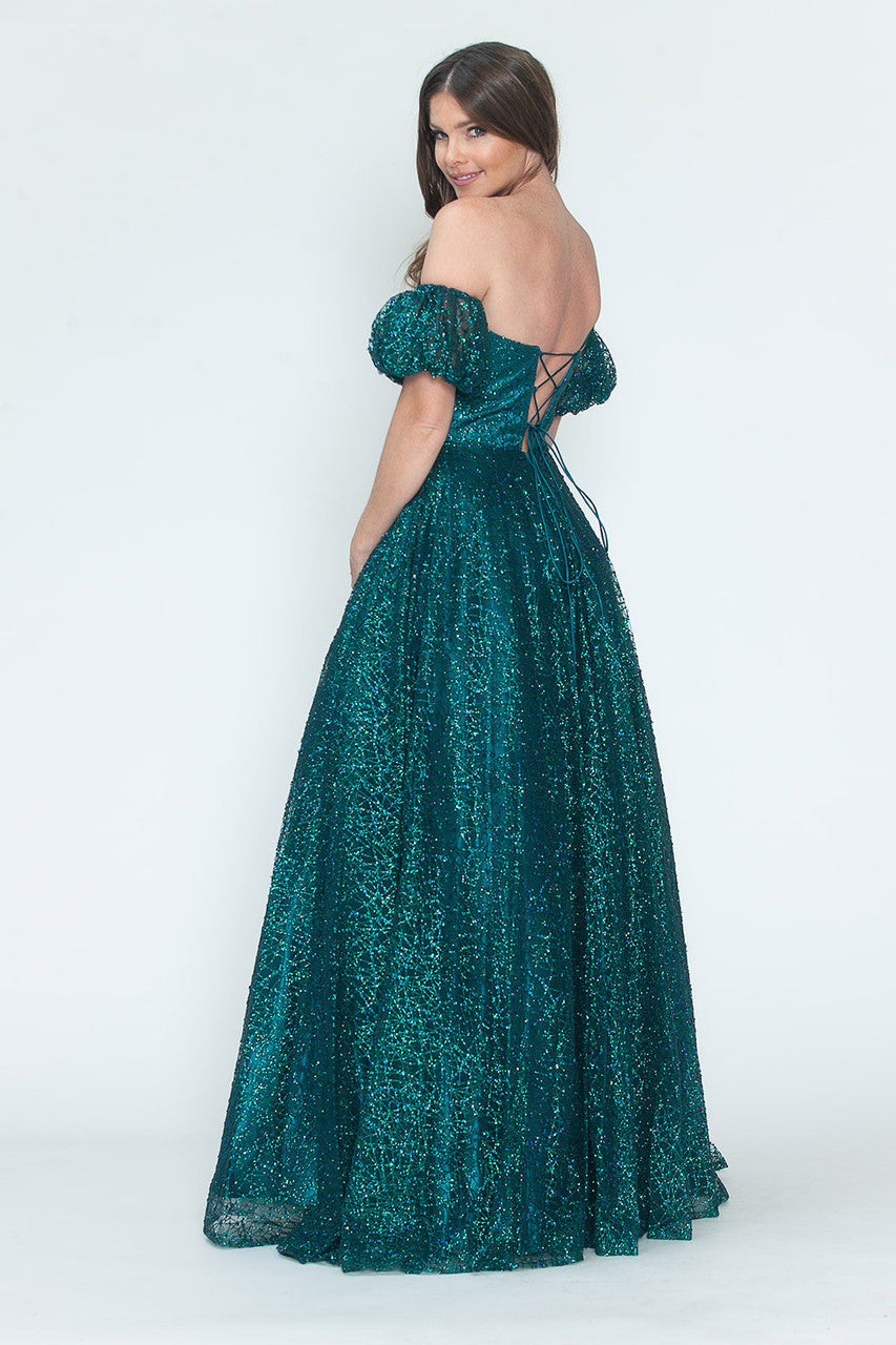 Glitter Tulle A-Line with Puff Sleeves Formal Evening Dress By Lenovia 8242