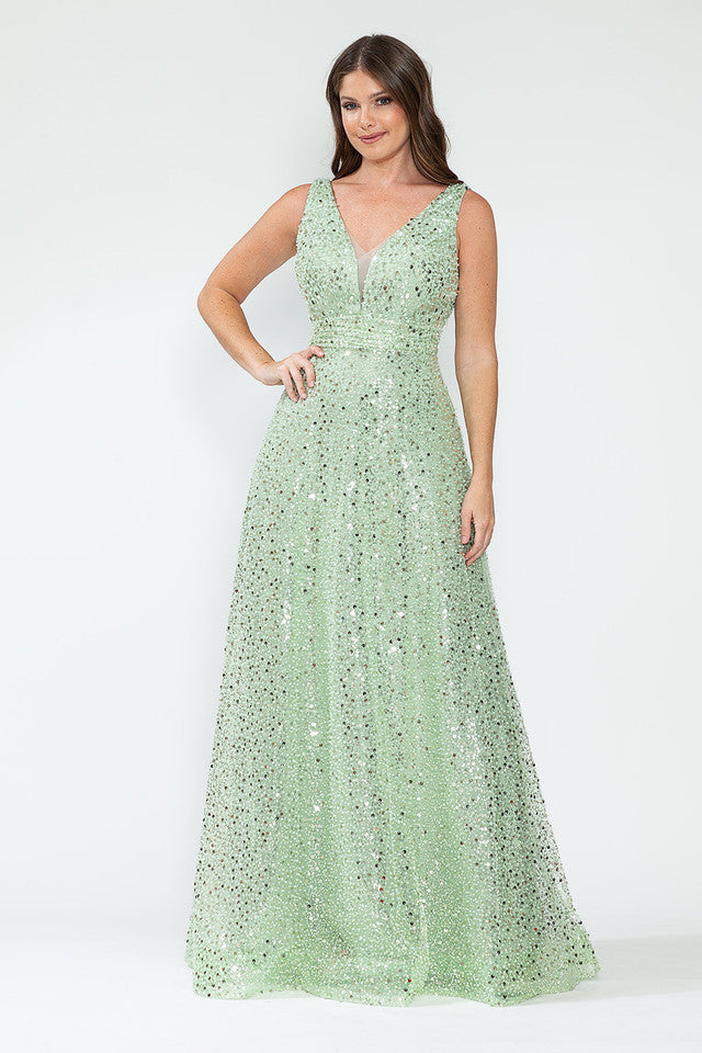 Sequin V-Neck A-Line Evening Gown with Glitter Mesh Overlay Sleeveless Formal Prom Dress By Lenovia 8217