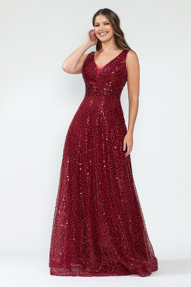 Sequin V-Neck A-Line Evening Gown with Glitter Mesh Overlay Sleeveless Formal Prom Dress By Lenovia 8217