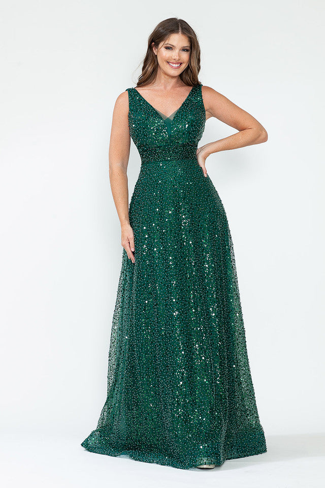 Sequin V-Neck A-Line Evening Gown with Glitter Mesh Overlay Sleeveless Formal Prom Dress By Lenovia 8217