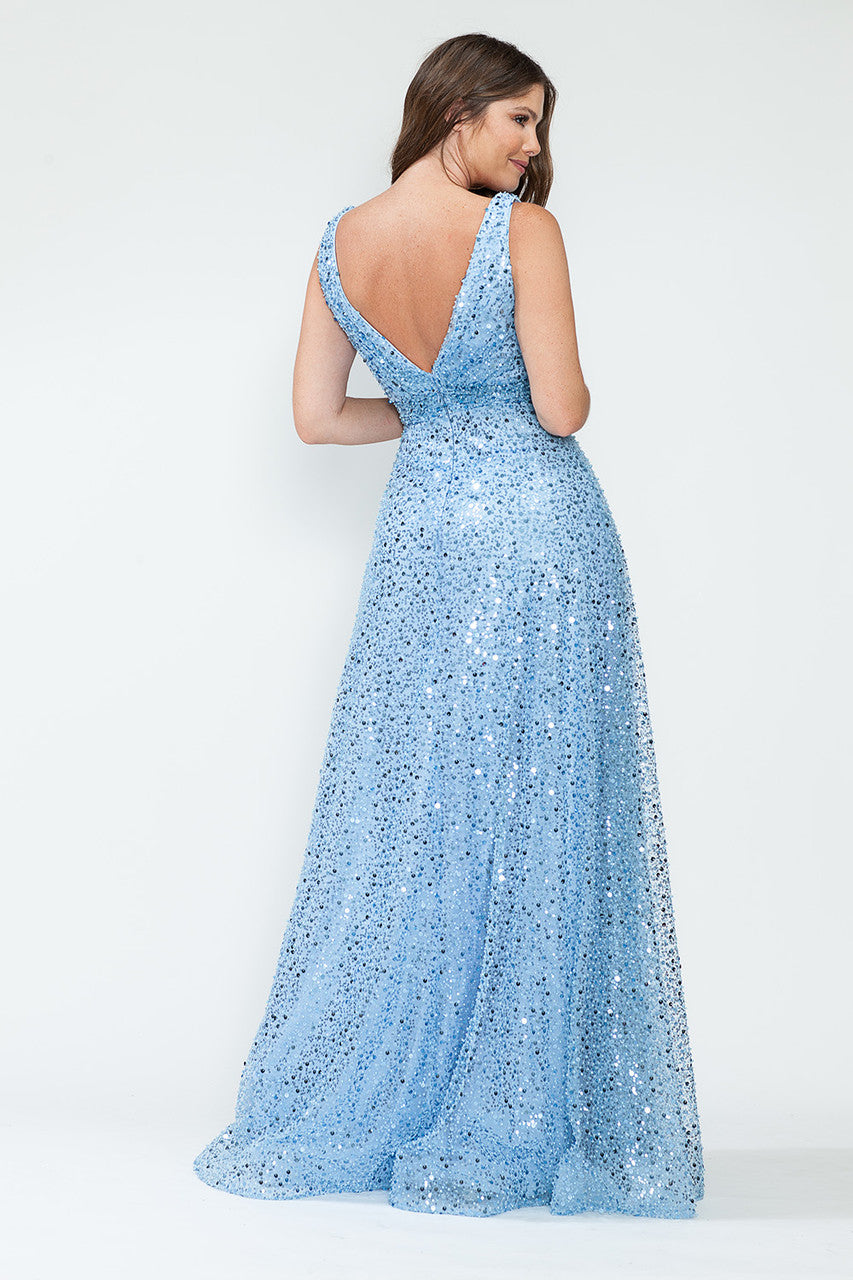 Sequin V-Neck A-Line Evening Gown with Glitter Mesh Overlay Sleeveless Formal Prom Dress By Lenovia 8217