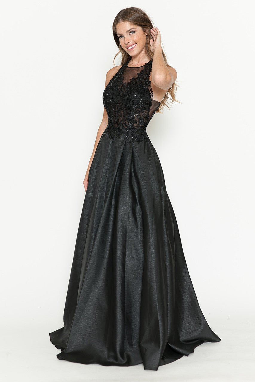 A-Line Gown with Sheer Lace Bodice & Halter Neckline By Lenovia 8181