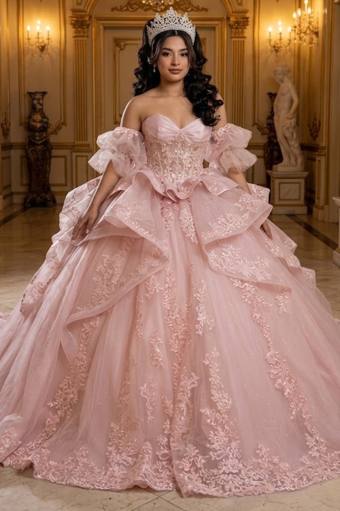 Quinceañera Ball Gown with Corset Bodice 3D Lace Appliqués & Detachable Train By Layla K LK289