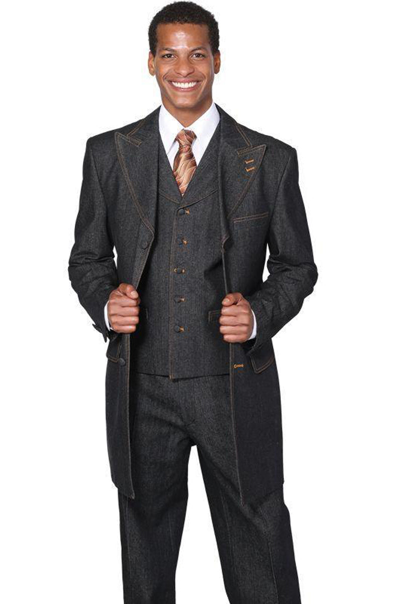 Mens 3/4 Length Vested Peak Lapel Denim Fashion Suit in Black