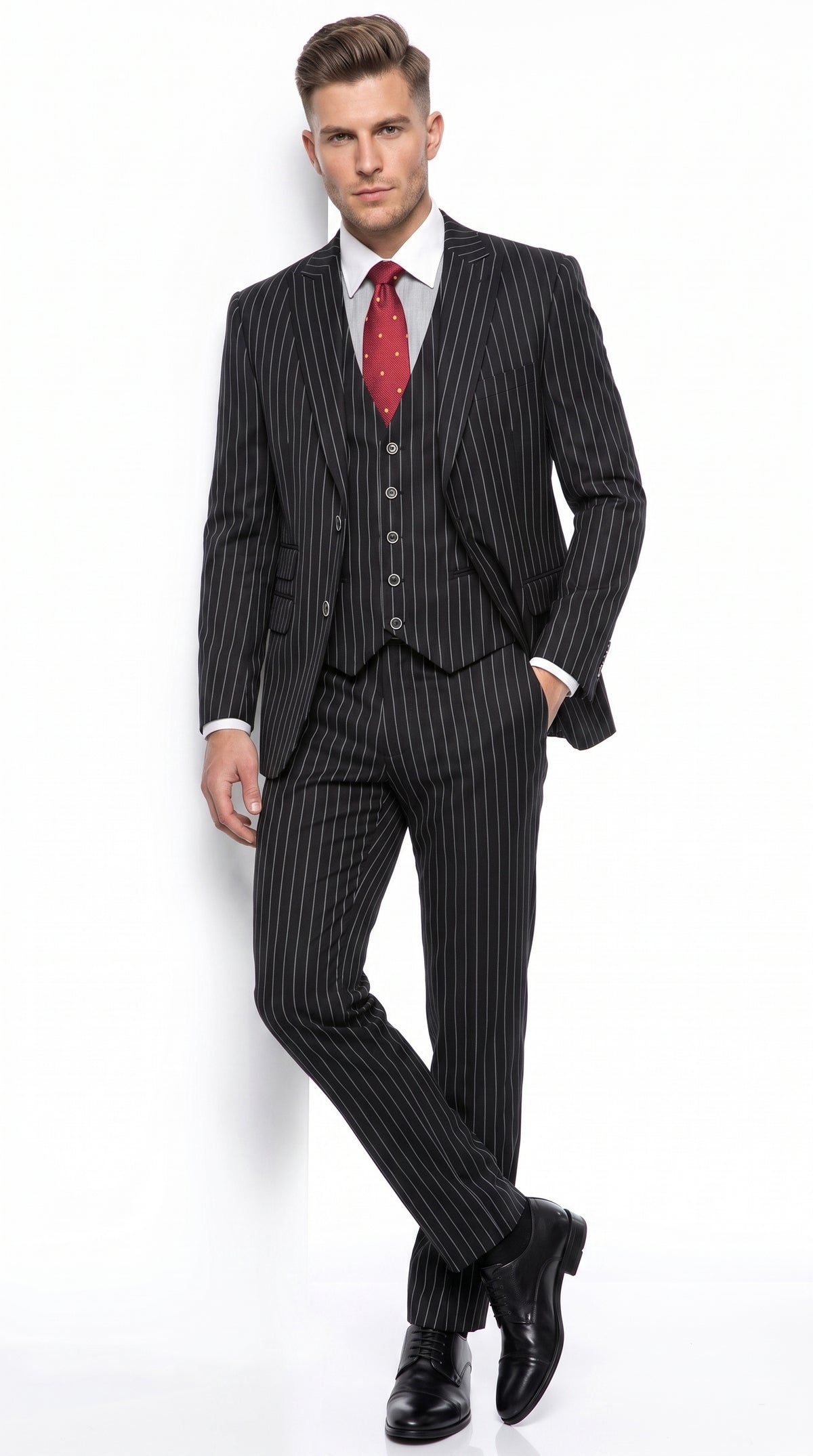 Men’s Beetlejuice Black Pinstripe 3 Piece Suit – Vintage Gothic Halloween Costume Suit