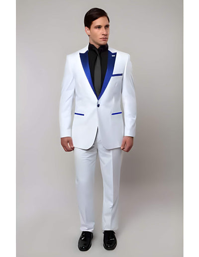 1 Button Royal Blue Lapel Slim Tux Suit White