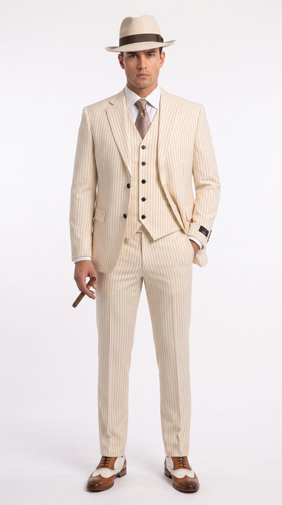 Menβs Ivory Cream Pinstripe 3-Piece Suit β 1920s Gangster Gatsby Wedding and Formal Suit