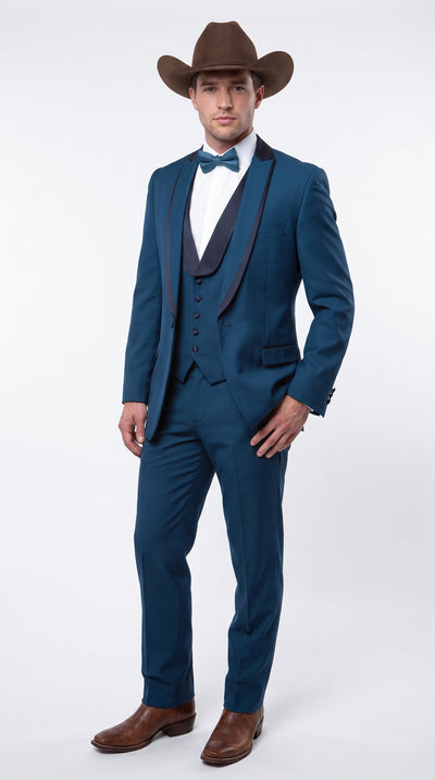 Menβs Teal Blue Western Tuxedo Suit, 3 Piece Cowboy Formal Wedding Prom Suit with Black Shawl Lapel Saphire