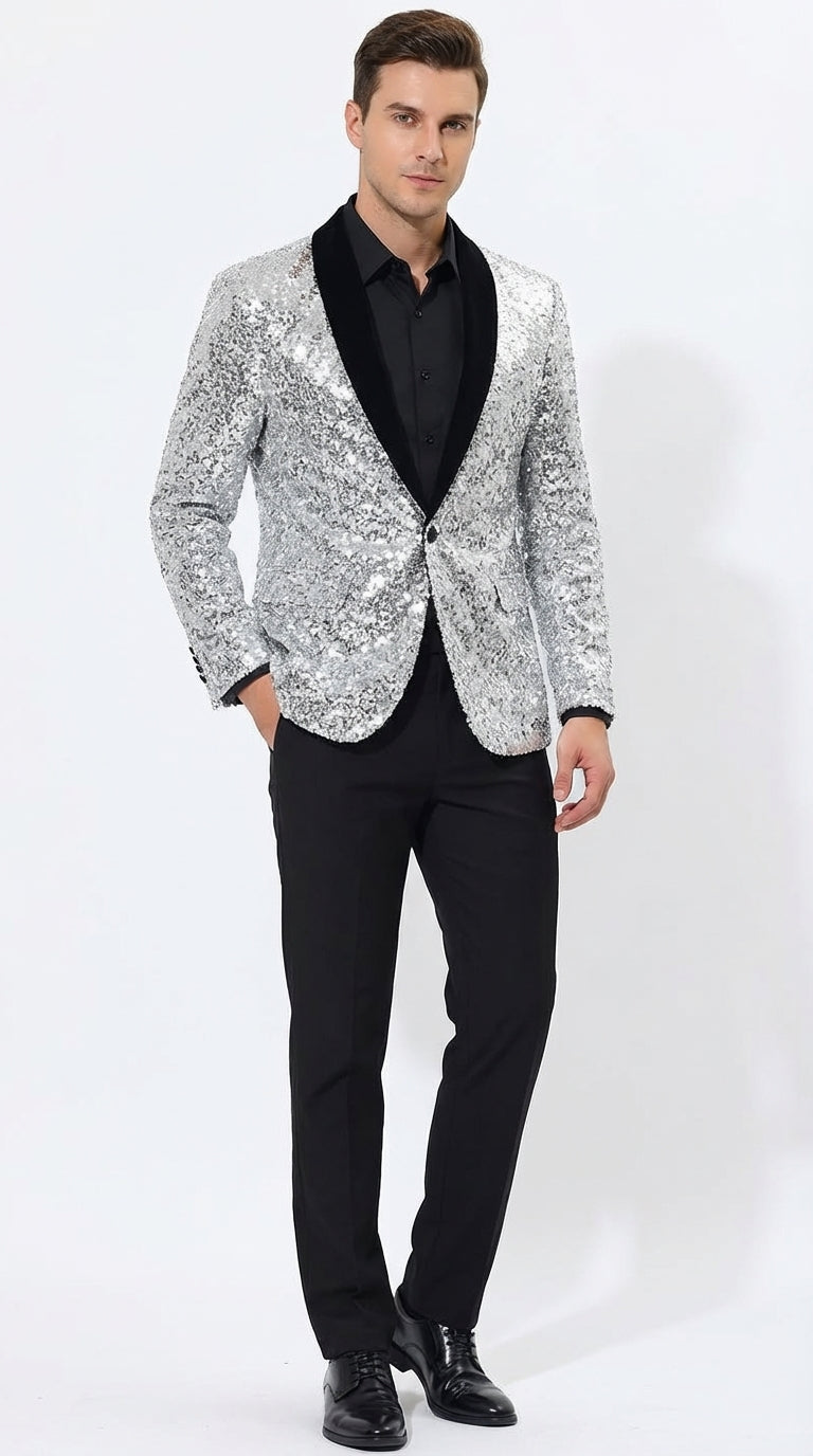 Men’s Silver Sequin Blazer Disco Style Jacket – Black Lapel Party Blazer, Shiny Evening Wear, 70s Dance Outfit, Formal Event Jacket Silver / 38 Short
