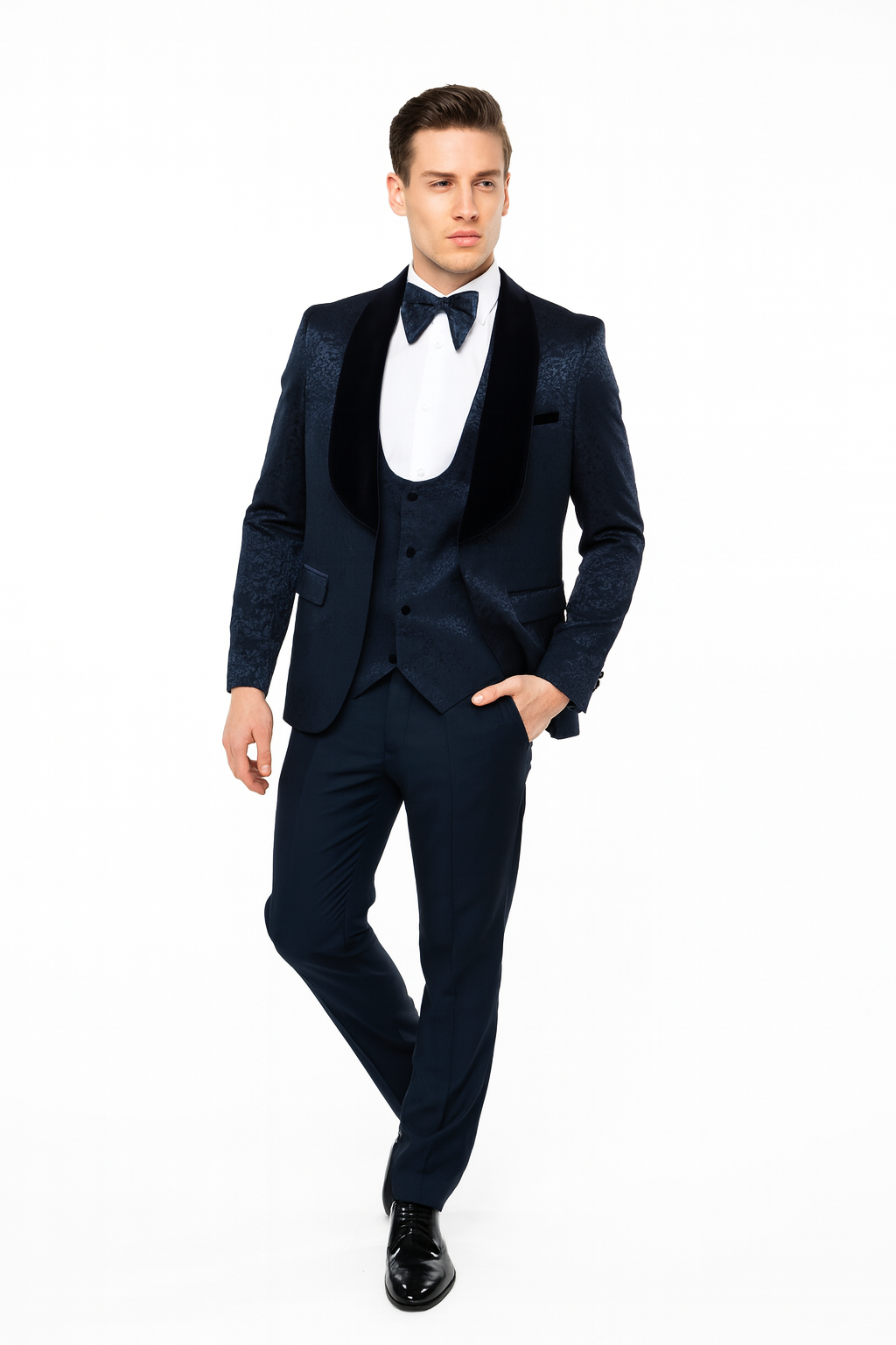 Navy Jacquard Tuxedo with Velvet Lapel - 3 Piece