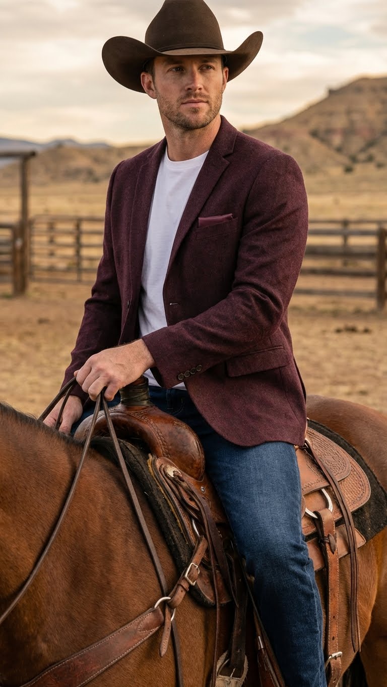 Men’s Burgundy Western Blazer Jacket, Textured Cowboy Style Sport Coat for - Tweed Herringbone Maroon Color