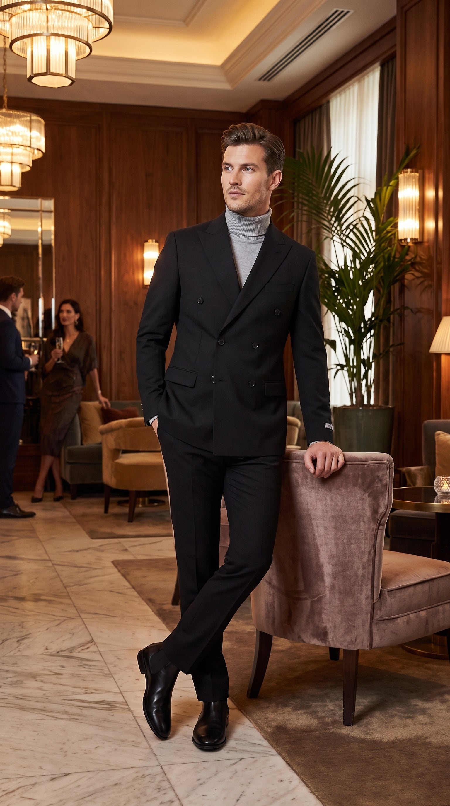 Men's Designer Stacy Adams Classic Double Breasted Suit in Black Peak Lapel Slim fit