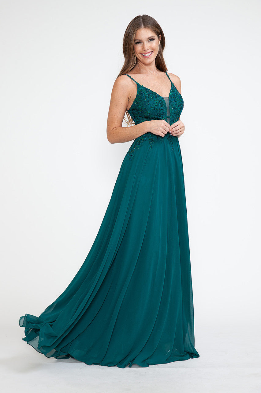 Embroidered A-Line Gown with Sheer V-Neck and Beaded Bodice Sleeveless Formal Prom Dress By Lenovia 8185